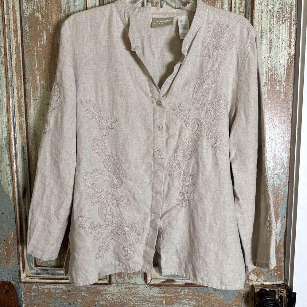 Liz Claiborne Lizwear Size XL 100% Linen Beige Button Up Embroidered Top Summer